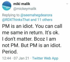 PM पर मिकी मालिक का ट्वीट