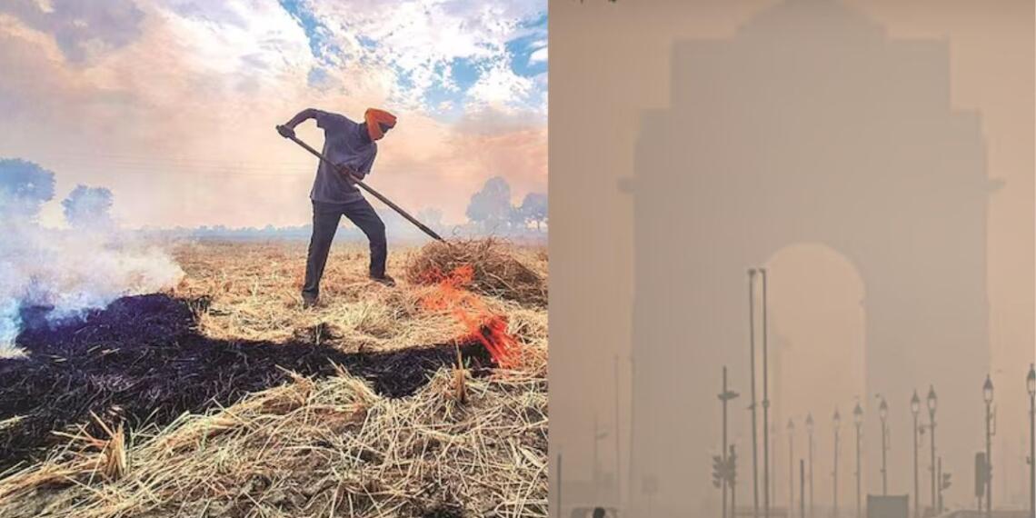 खेत में पराली जलाता किसान और इंडिया गेट