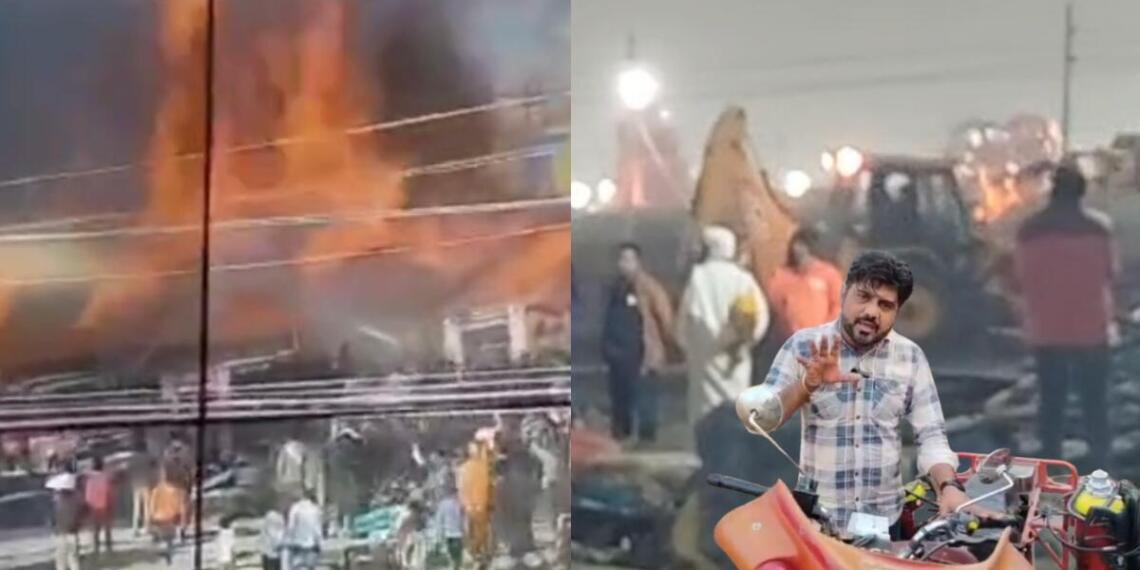 गीता प्रेस के कैंप में लगी आग (बाएं) देर रात में चलता बुलडोजर (दाएं)