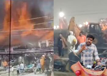 गीता प्रेस के कैंप में लगी आग (बाएं) देर रात में चलता बुलडोजर (दाएं)