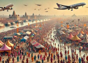 प्रयागराज के महाकुंभ का AI से बनाया गया चित्र