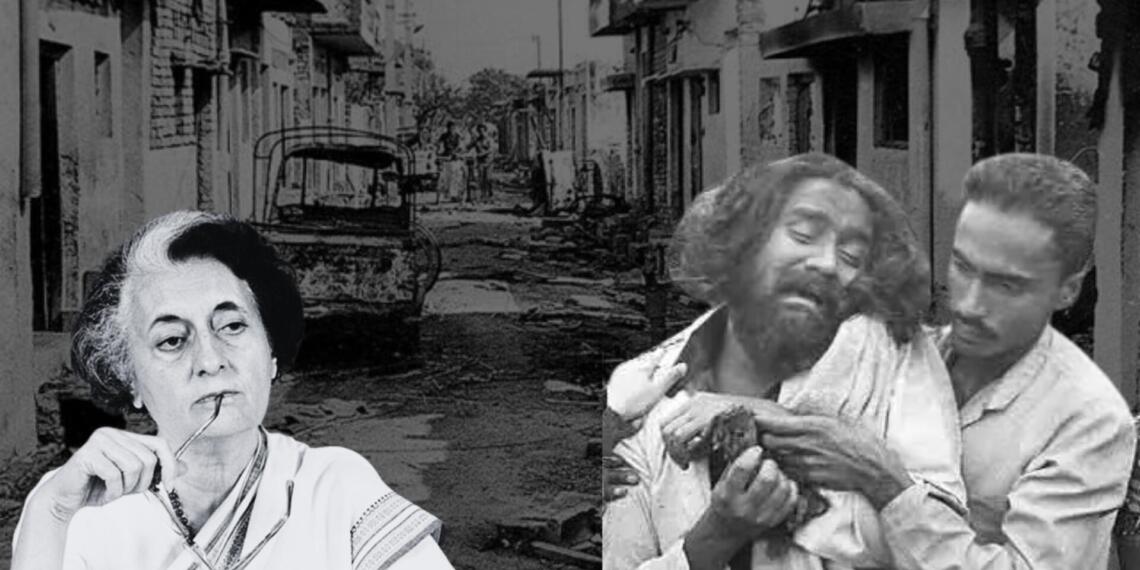 त्रिलोकपुरी में पूरे समुदाय के सफाए के बाद जली हुई गाड़ी (फोटो- Hindustan Times), दंगों के बाद बिलखता परिवार (फोटो- Ram Rahman) और इंदिरा गांधी