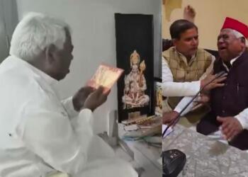 हनुमान चालीसा पढ़ते अवधेश प्रसाद (दाएं), प्रेस कॉन्फ्रेंस के दौरान रोते सपा सांसद (बाएं)