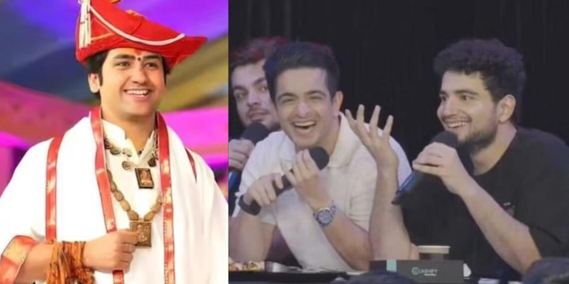 बागेश्वर धाम के पीठाधीश्वर धीरेंद्र कृष्ण शास्त्री (दाएं) और रणवीर इलाहाबादिया व समय रैना (बाएं)