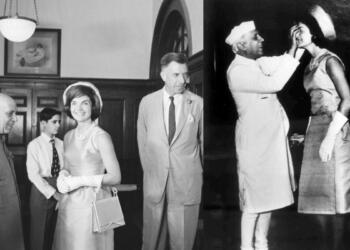 नेहरू के आवास पर जैकलीन कैनेडी - बाएं (Wikimedia Commons), जैकलीन के साथ होली खेलते नेहरू - दाएं (Indian Express)