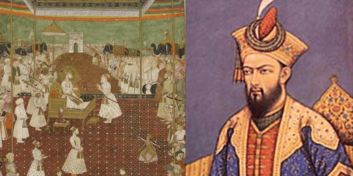 औरंगज़ेब के दरबार का एक चित्र (बाएं) और मुगल शासक औरंगज़ेब (दाएं)