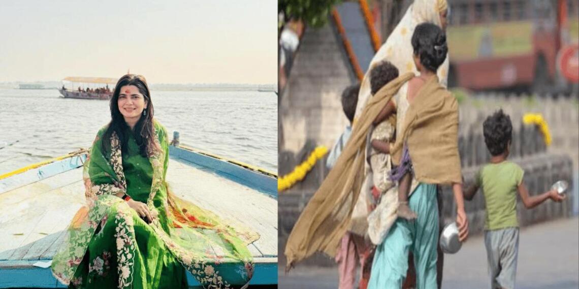 बीजेपी नेता अपूर्वा सिंह (बाएं) और भीख मांगते लोगों का प्रतीकात्मक चित्र (दाएं)