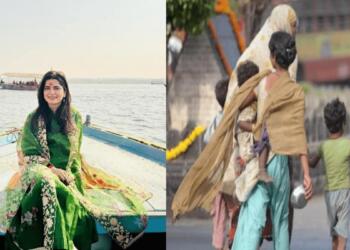 बीजेपी नेता अपूर्वा सिंह (बाएं) और भीख मांगते लोगों का प्रतीकात्मक चित्र (दाएं)