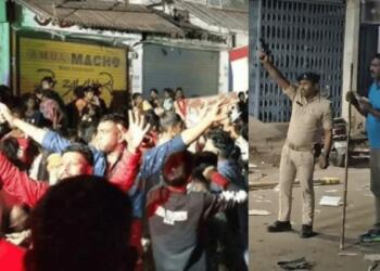 मामला इतना बिगड़ गया कि भीड़ को नियंत्रित करने के लिए पुलिस को कई बार हवाई फायरिंग तक करनी पड़ी (चित्र: IANS & दैनिक भास्कर)