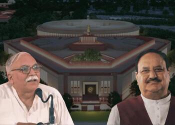 RSS के सह-सरकार्यवाह अरुण कुमार (बाएं) और BJP अध्यक्ष JP नड्डा