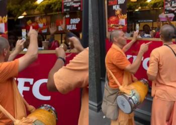 चिकन खाने के ‘हमले’ पर भारत का जवाब: KFC के बाहर गूंजा ‘हरे कृष्णा’