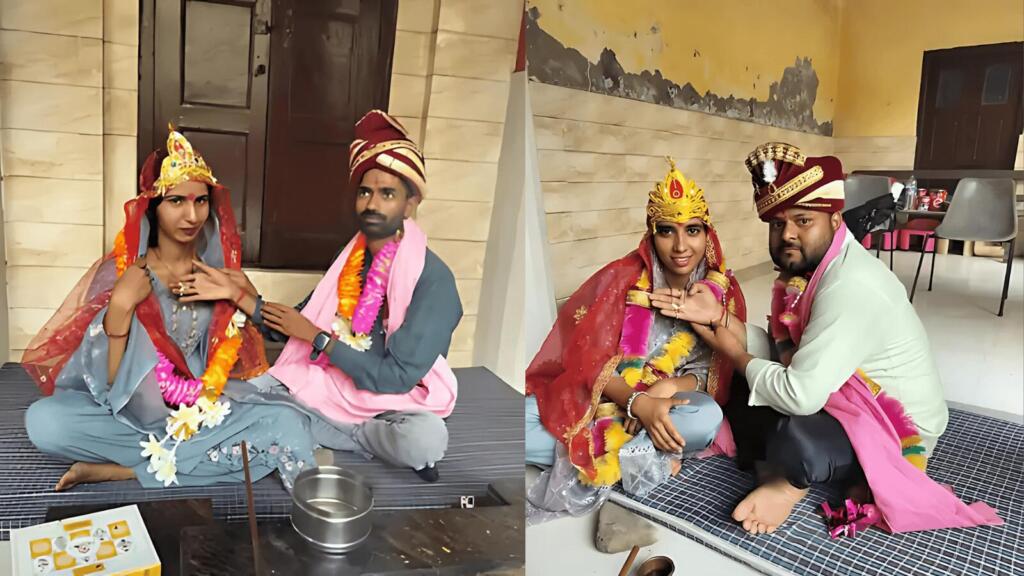 नूर फातिमा उर्फ नीलम और गौरव कुमार (बाएं) स्वालेहीन और अमित कुमार (दाएं) ने मंदिर में की शादी