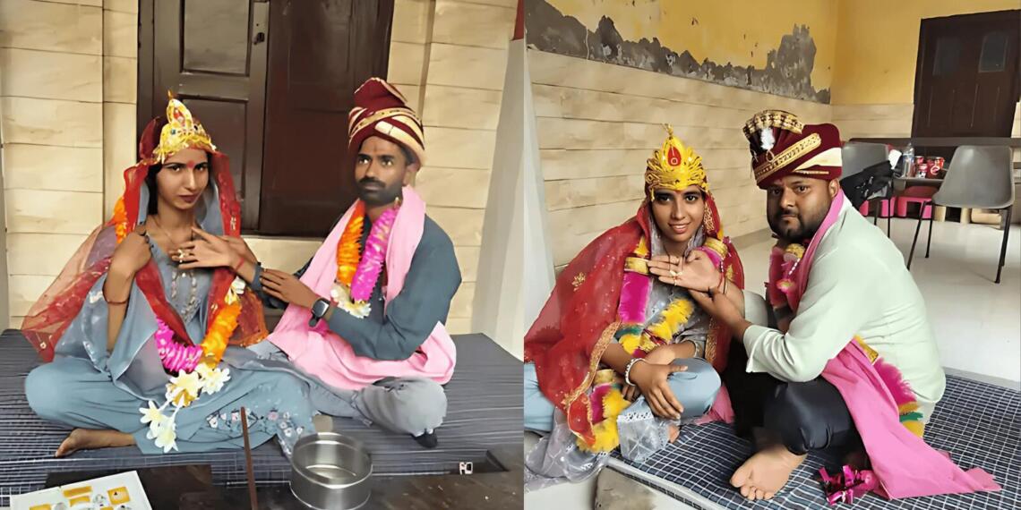 नूर फातिमा उर्फ नीलम और गौरव कुमार (बाएं) स्वालेहीन और अमित कुमार (दाएं) ने मंदिर में की शादी