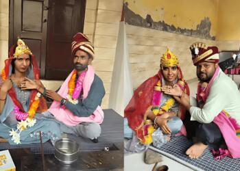 नूर फातिमा उर्फ नीलम और गौरव कुमार (बाएं) स्वालेहीन और अमित कुमार (दाएं) ने मंदिर में की शादी