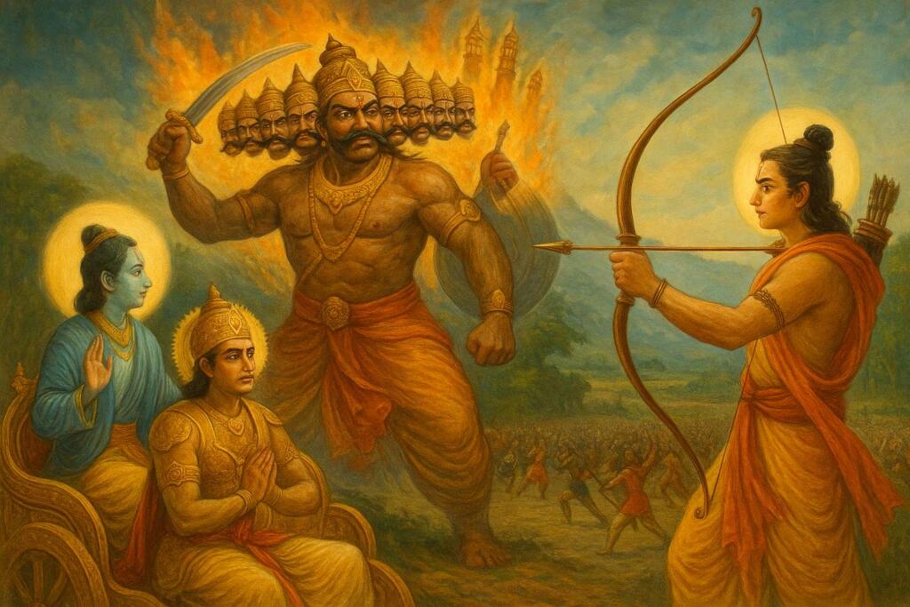 विजयादशमी, राम की रावण पर विजय और भगवद्गीता में अर्जुन को दिए गए कृष्ण के उपदेश के माध्यम से चित्रित — जो धर्म पर अधर्म की शाश्वत विजय का प्रतीक है।