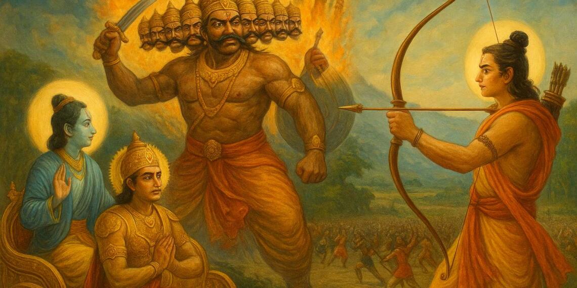 विजयादशमी, राम की रावण पर विजय और भगवद्गीता में अर्जुन को दिए गए कृष्ण के उपदेश के माध्यम से चित्रित — जो धर्म पर अधर्म की शाश्वत विजय का प्रतीक है।