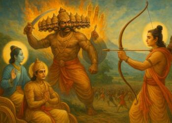 विजयादशमी, राम की रावण पर विजय और भगवद्गीता में अर्जुन को दिए गए कृष्ण के उपदेश के माध्यम से चित्रित — जो धर्म पर अधर्म की शाश्वत विजय का प्रतीक है।