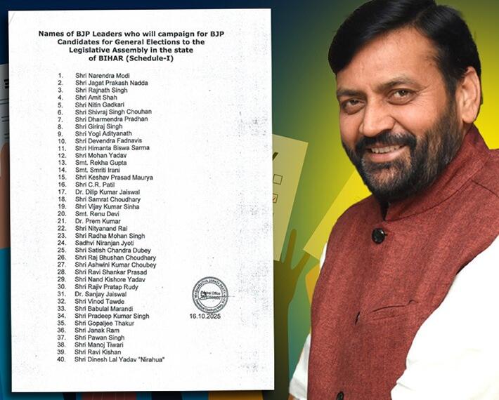 बिहार चुनाव में BJP के स्टार प्रचारक तय —मैदान में उतरेगी मनोज तिवारी, पवन सिंह और निरहुआ की भोजपुरी तिकड़ी, लेकिन मुख्यमंत्री नायब सैनी, भजन लाल शर्मा और पुष्कर सिंह धामी को क्यों नहीं मिली जगह?