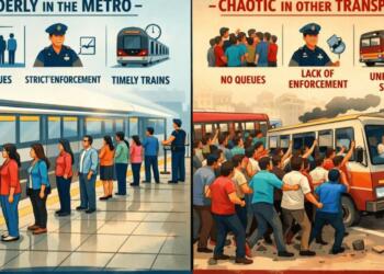 मेट्रो में शालीनता, सड़कों पर अव्यवस्था